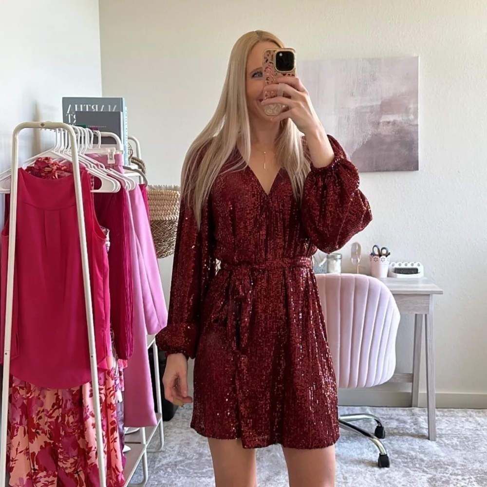 VICI Maroon Sequin Faux Wrap Mini Dress